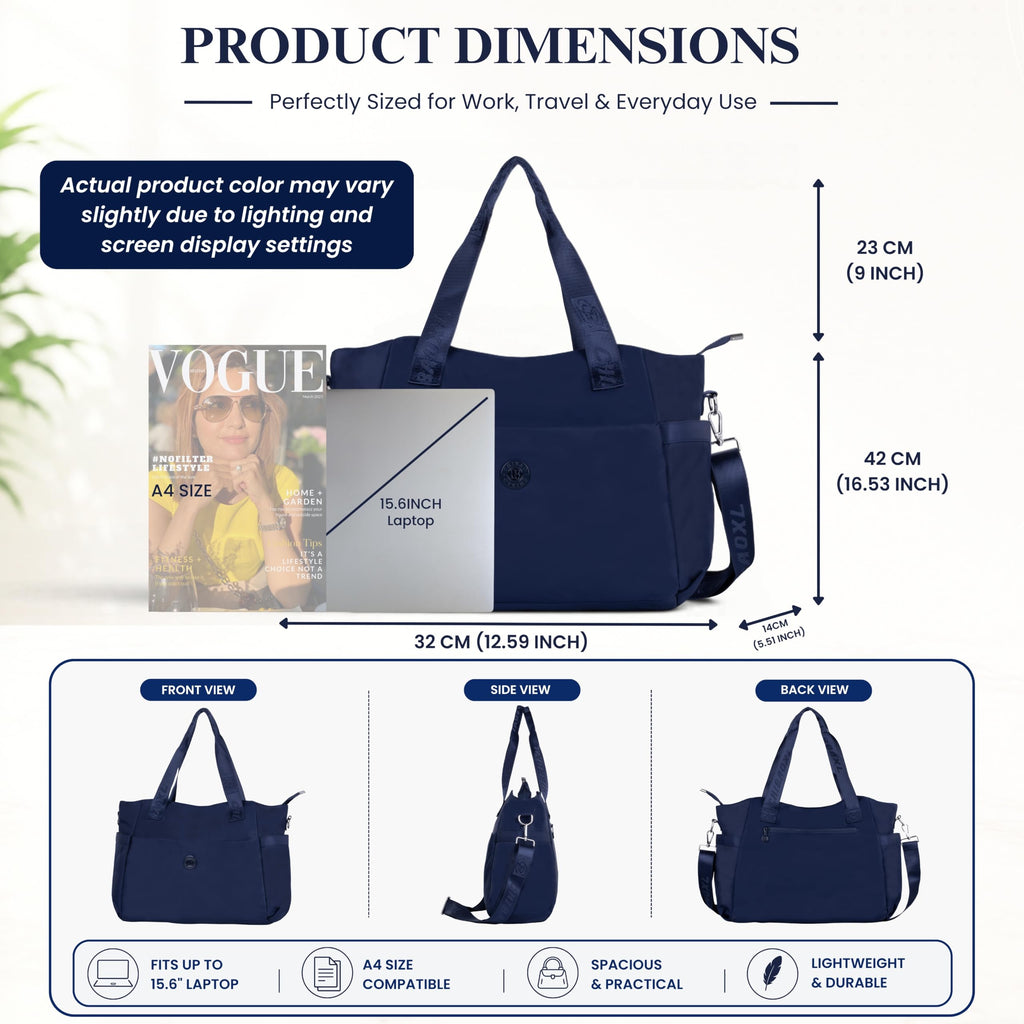 12o12 Women's Laptop Tote Bag 15.6 Inch, Water Resistant Work Tote with Laptop Compartment, Large Capacity Office Shoulder Handbag, Travel, Business, College, Teacher, Crossbody Strap (Navyblue)
