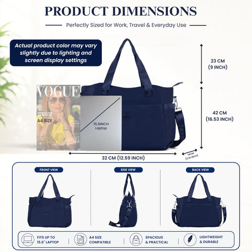 12o12 Women's Laptop Tote Bag 15.6 Inch, Water Resistant Work Tote with Laptop Compartment, Large Capacity Office Shoulder Handbag, Travel, Business, College, Teacher, Crossbody Strap (Navyblue)