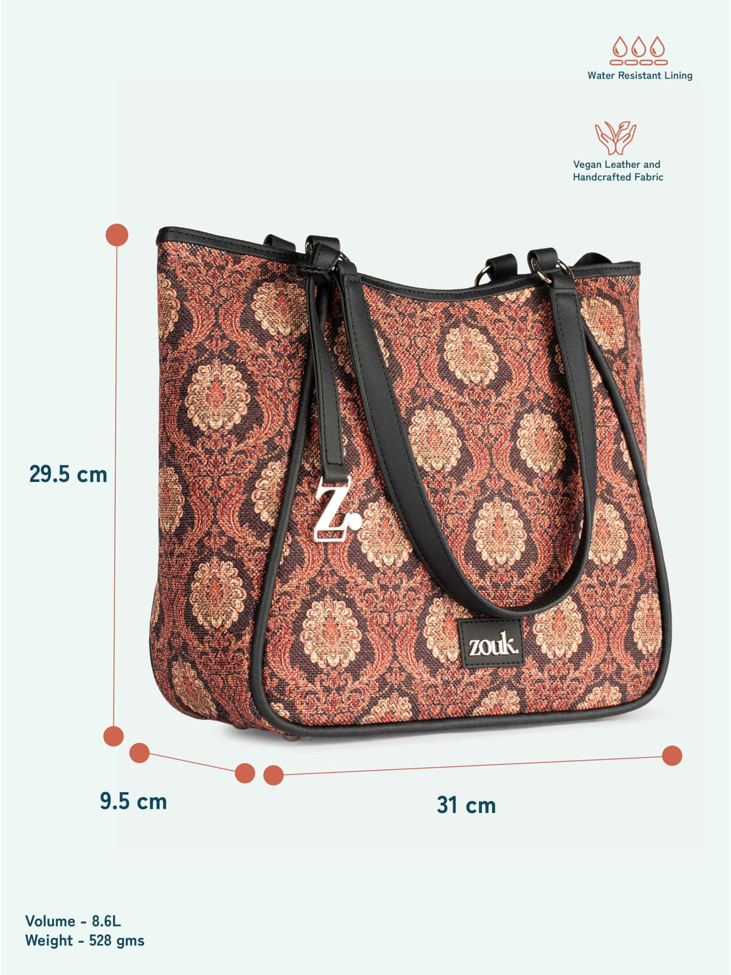 ZOUK Naisha Brown Motif Tote Bag for Women | Vegan Leather Large Shoulder Handbag with Bottle Holder, Multiple Pockets & Water-Resistant Lining | Office, Travel & Daily Use | Jodhpur Damask