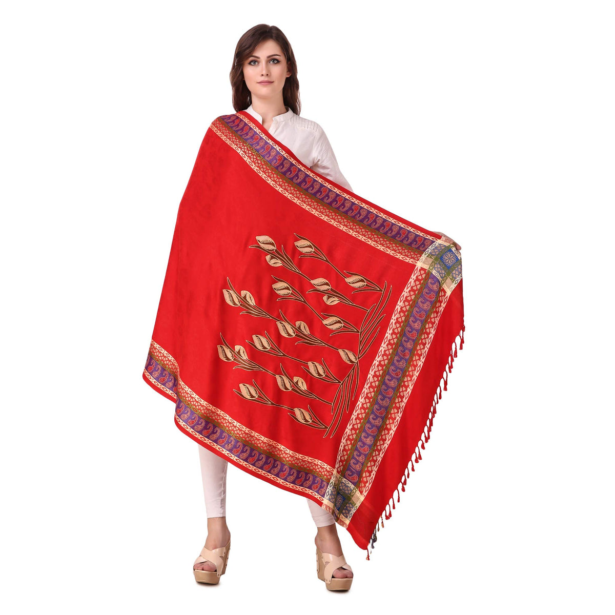 BRAVEZI Women's Wool Blend self embellished emboridered Shawls (Stole)