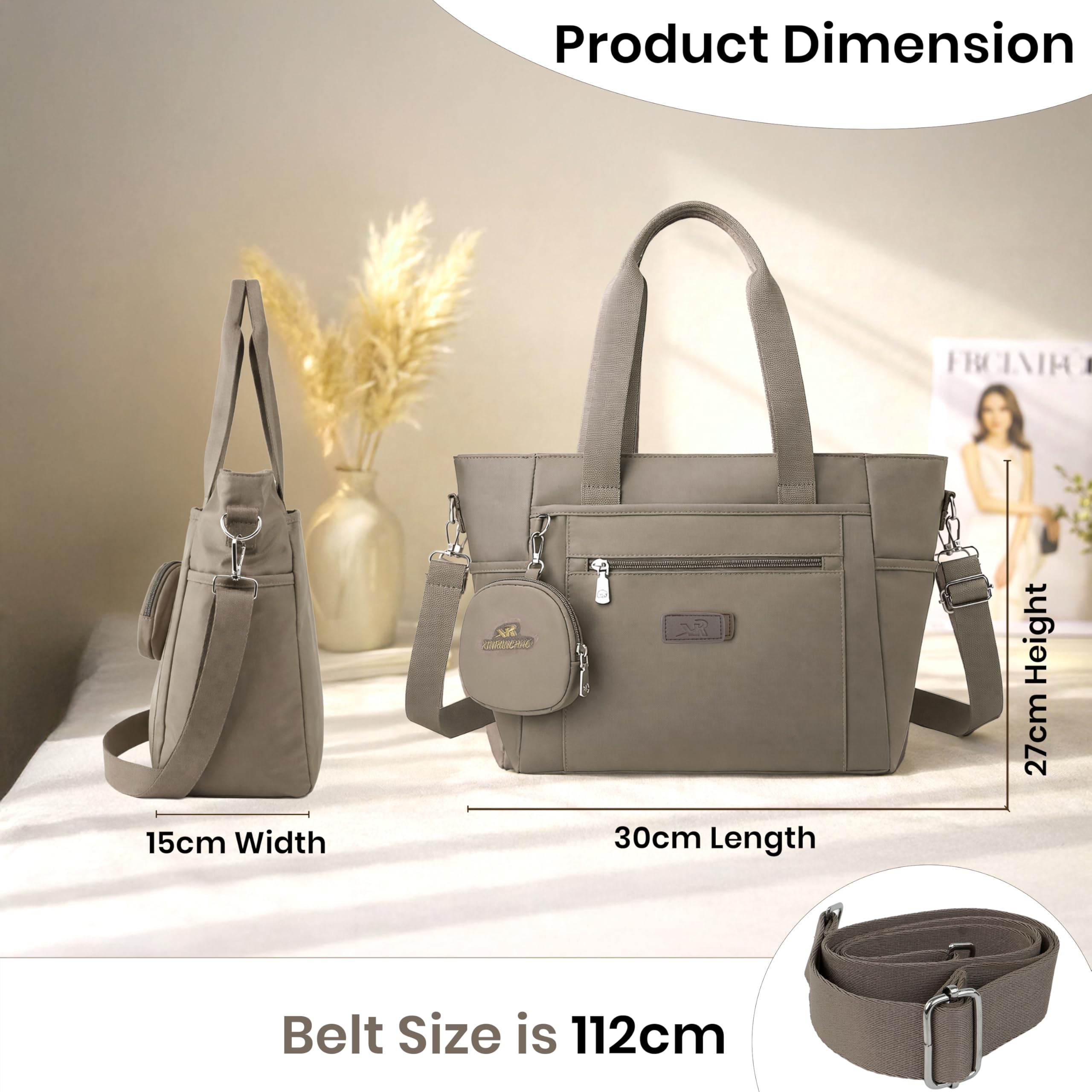 Storite Tote Bag for Women with Coin Pouch Lightweight Purse Large Capacity Multi Pocket Shoulder Handbag for Work Office Travel Everyday Use (Cement Ash, 30x15x27cm)