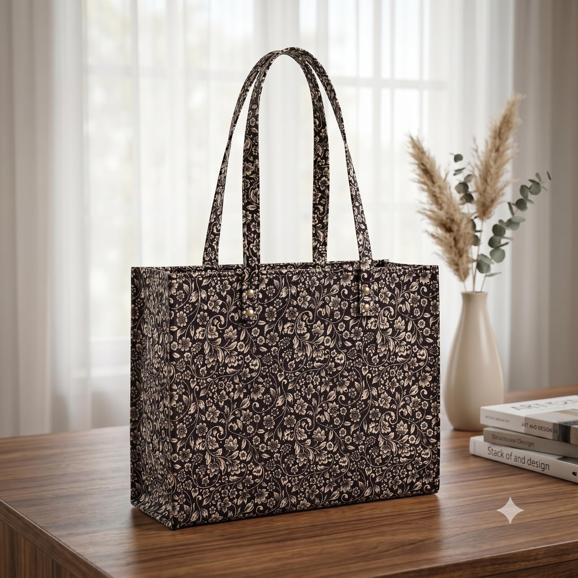 Stylique Women's Large Jute Tote Handbag | Premium Cotton Canvas Shoulder Bag | Stylish Office Laptop Shopper with Zipper Cotton Tote Handbag for Women | Travel College Daily Casual Carry (Black)