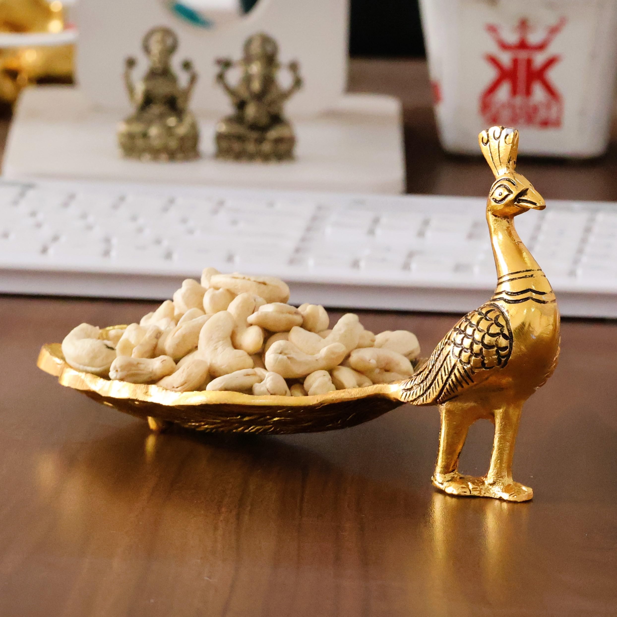 KridayKraft Hand Crafted Metal Duck Wing Shape Tray Perfect for Home Centre Table Serving Dry Fruits (Golden, Pack of 1)
