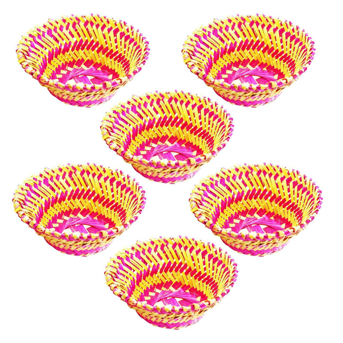 SAI BALAJI Natural Bamboo Medium Round Baskets -Pack of 6 (Pink & Brown, 23 x 23 x 8 cm) | Handwoven Bamboo Trays for Hampers, Festive Gifting, Home Decor, Storage & Return Gifts