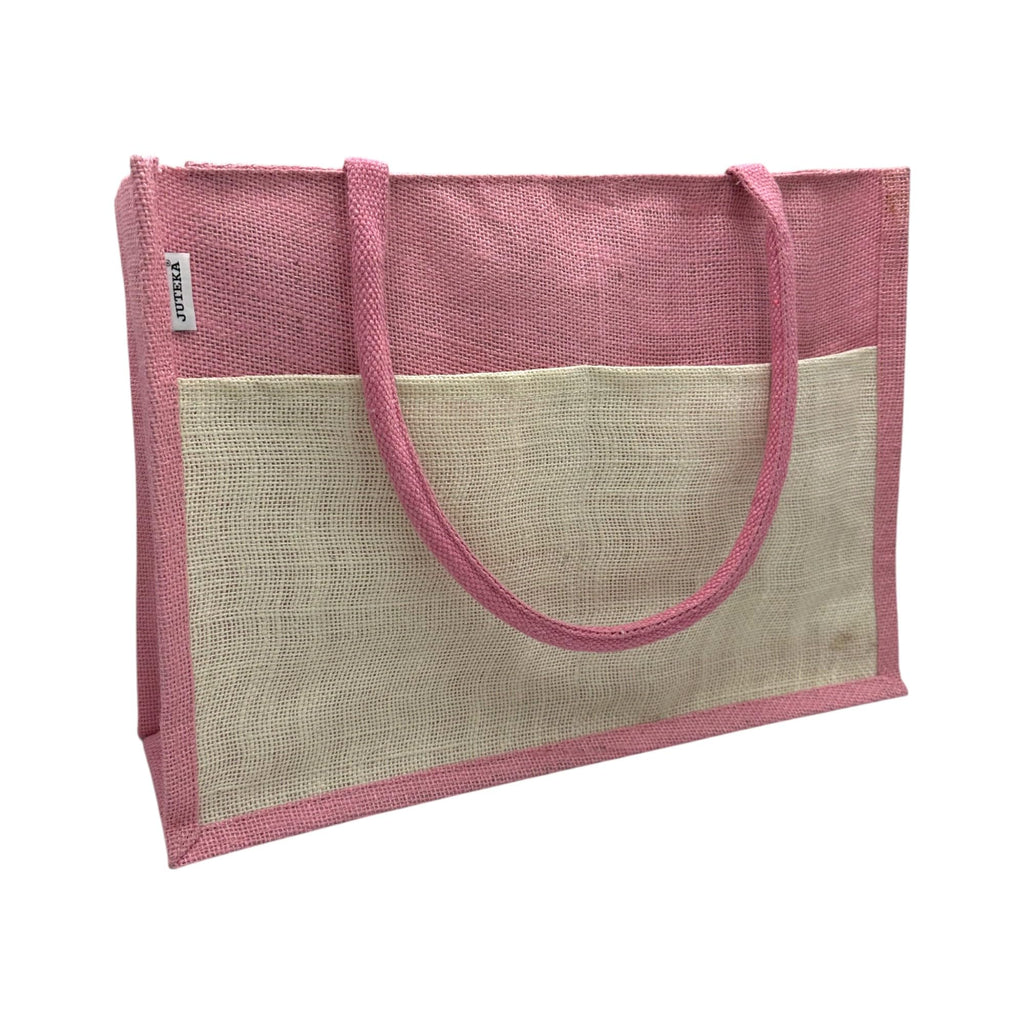 JUTEKA Multicolor spacious Jute Bag with Zipper Closure, Full Size Front Pocket and Large Handles… (Baby Pink)