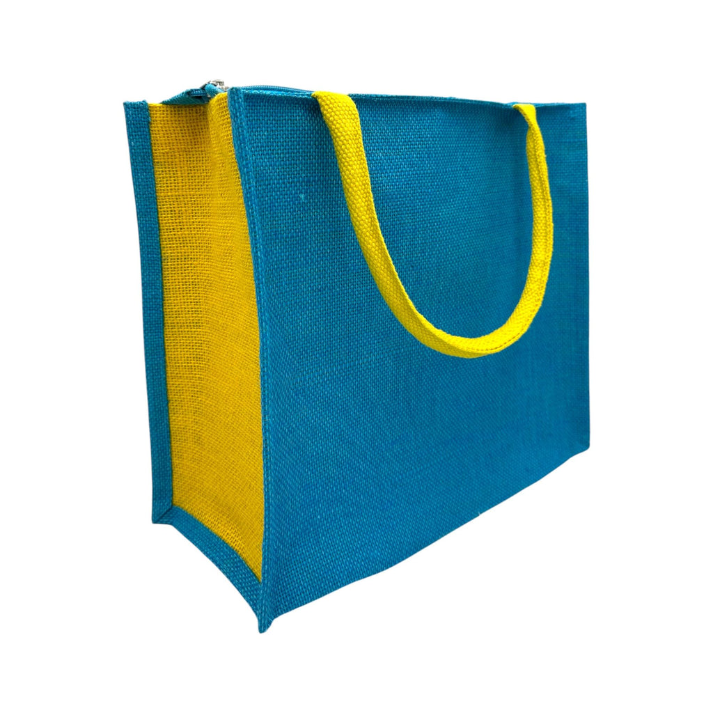 JUTEKA Multicolor Jute Bag for Shopping, Lunch, Tiffin, Grocery with Zip Closure and Padded Cotton Handles… (Blue)
