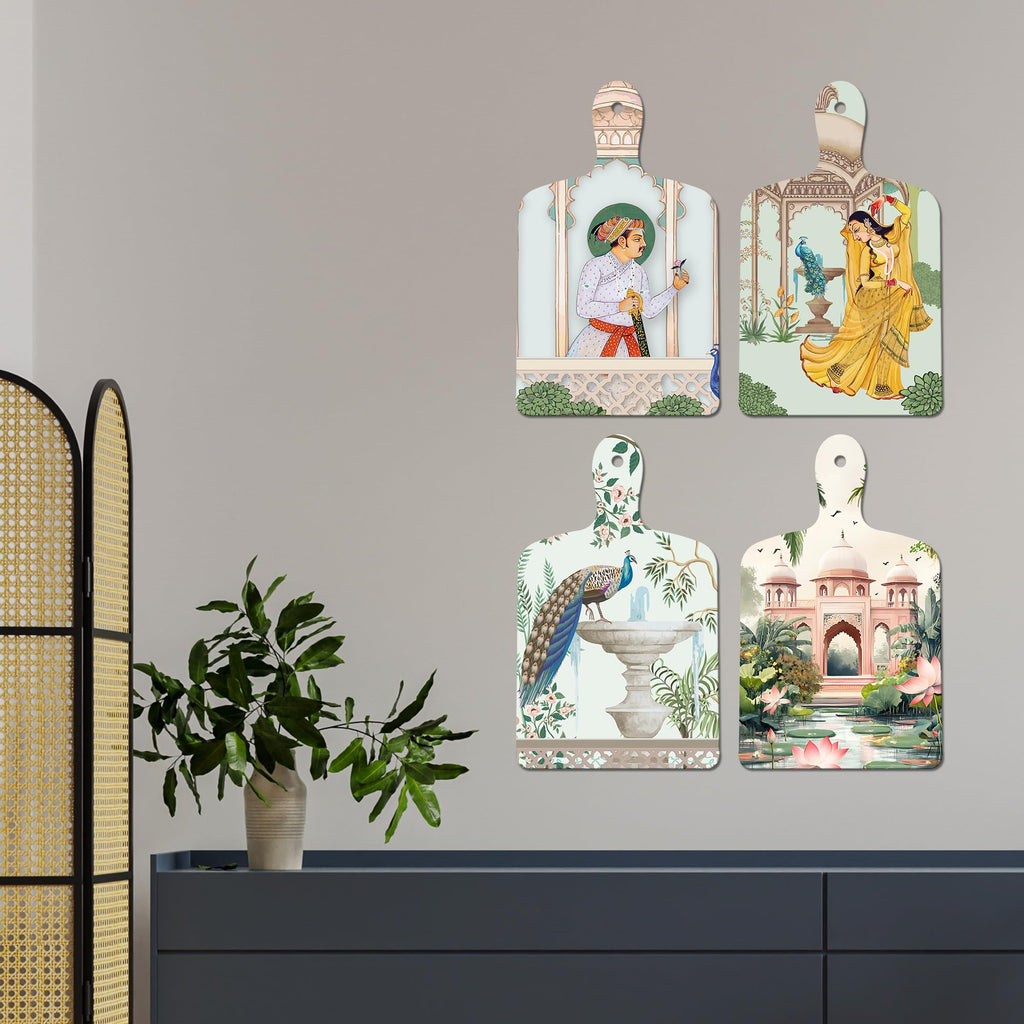 Artvibes Tomb Dancing Women & Peacock Royal Pichwai Art Decorative Wall Hanging Ornaments | Printed Wall Decoration | Graphic Artwork | Wall Illustrations | Sceneries | Gift Items (WH_5625N), Set of 4