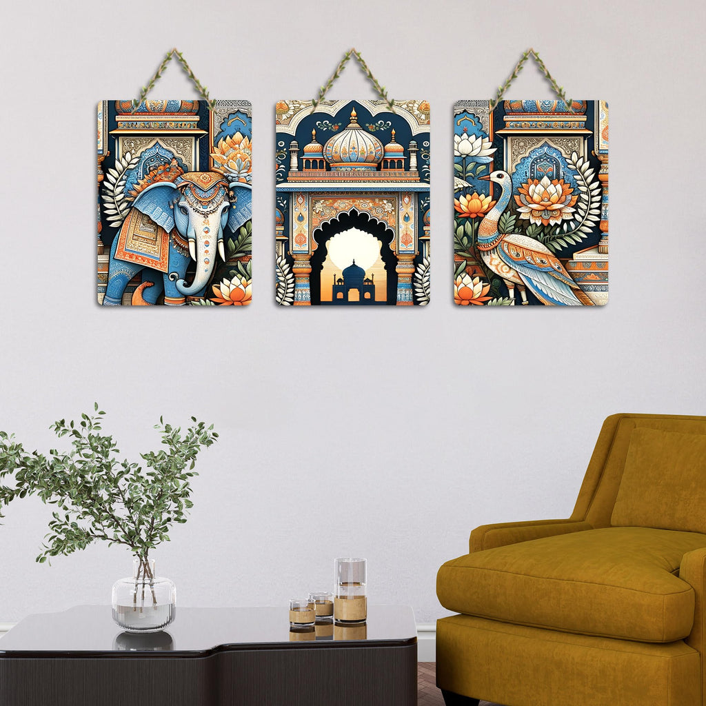 Artvibes Elephant Peacock Modern Art Decorative Wall Hanging Ornaments | Modern Decoration Items | Handcrafted Art | Wall Art Print | Aesthetic Wall Hanging | Unique Gift Items (WH_96162N), Set of 3