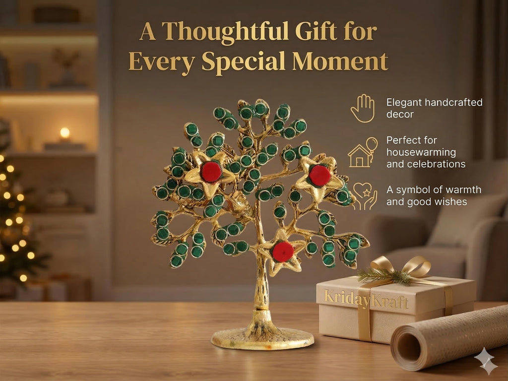 Metal Kalpavriksha Tree for Home Decor - Golden Wish Fulfilling Tree Metal Showpiece for Temple, Vastu, Office Table & Gifting Banyan (No 1 Golden with Stone)