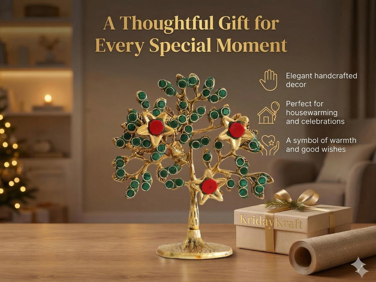 Metal Kalpavriksha Tree for Home Decor - Golden Wish Fulfilling Tree Metal Showpiece for Temple, Vastu, Office Table & Gifting Banyan (No 1 Golden with Stone)