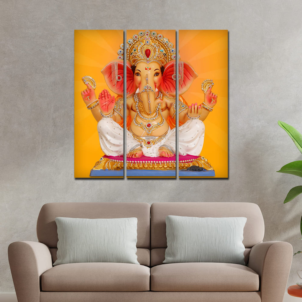 VIBECRAFTS Beautiful Ganesha 3 Pieces Canvas Wall Painting Fitted With Wooden Frame For Home | Office | Living Room | Gifts (PTVC3Pcs1_9564)