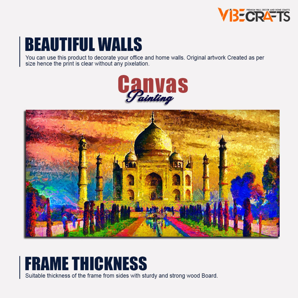 VIBECRAFTS Canvas Paintings for Living Room Drawing Room Canvas Wall Painting of Taj Mahal for Homedecore|Office|Gift|Livingroom|Bedroom(PTVCH_2398NV)(48 x 24 Inches)