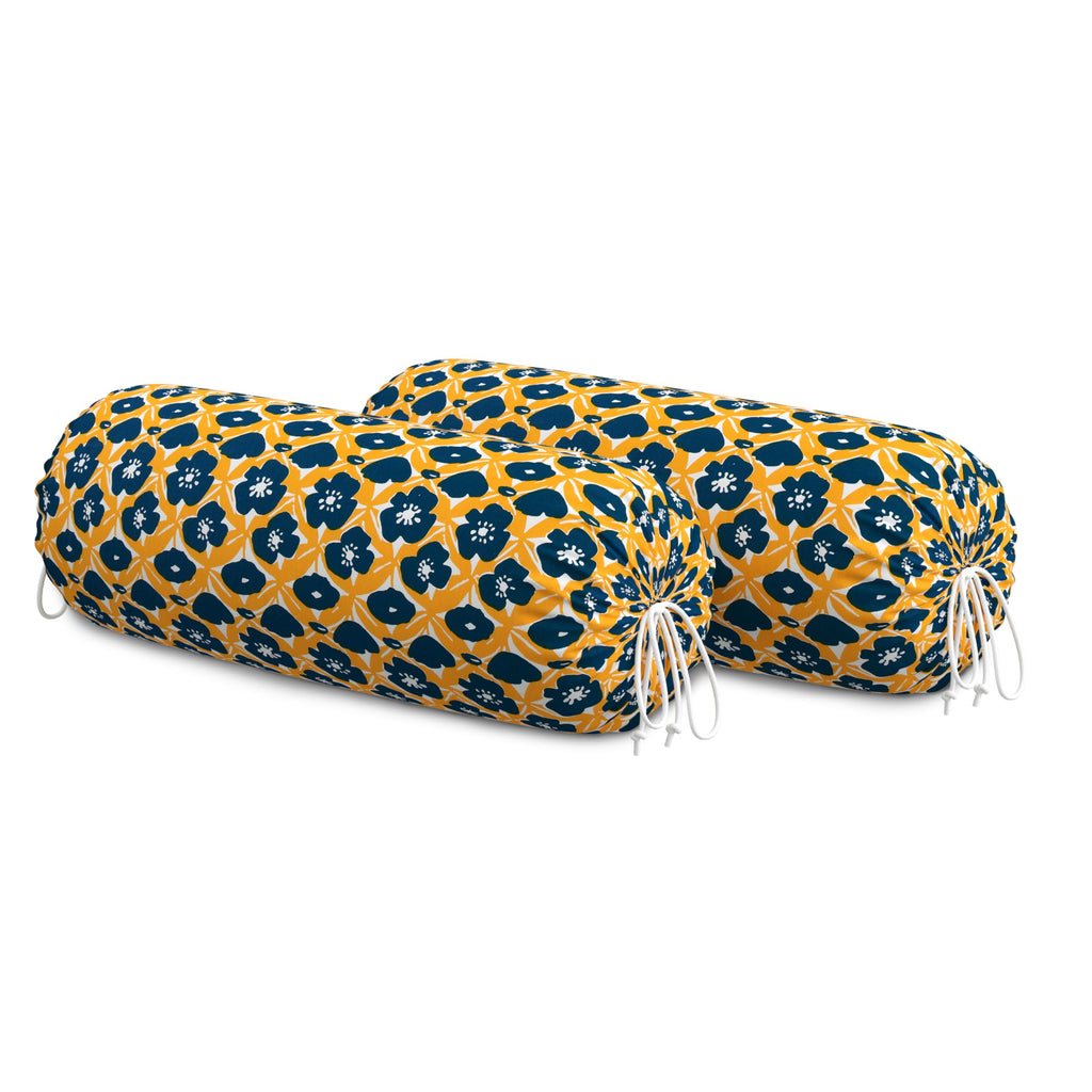 BLOCKS OF INDIA Cotton Hand Block Printed Bolster Cover | Booster Cover with Drawstring | Round Long Pillow Cover for Bed | Dewan Pillow Cover Set 16 X 32 | Set of 2 (Yellow Flower)