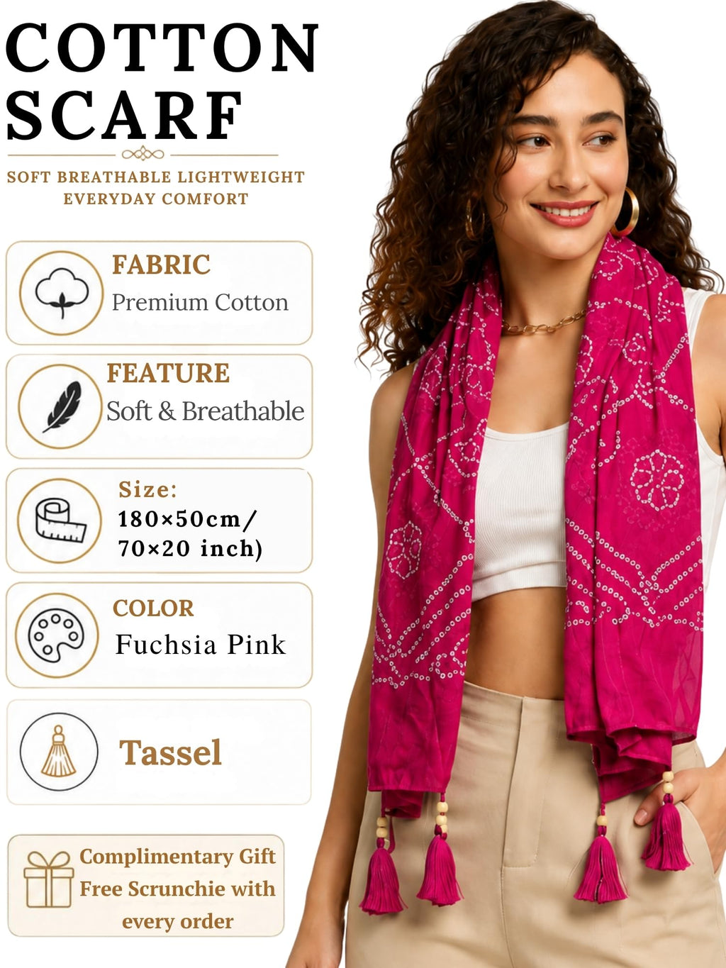 KE KANHA EXPORTS Cotton Scarf with Tassels|Bandhani Print Scarf for Women Stylish|Stole for Women|Breathable Boho Beach Summer Wrap|Multicolor Scarf|Easily Fits 180 * 50 CM