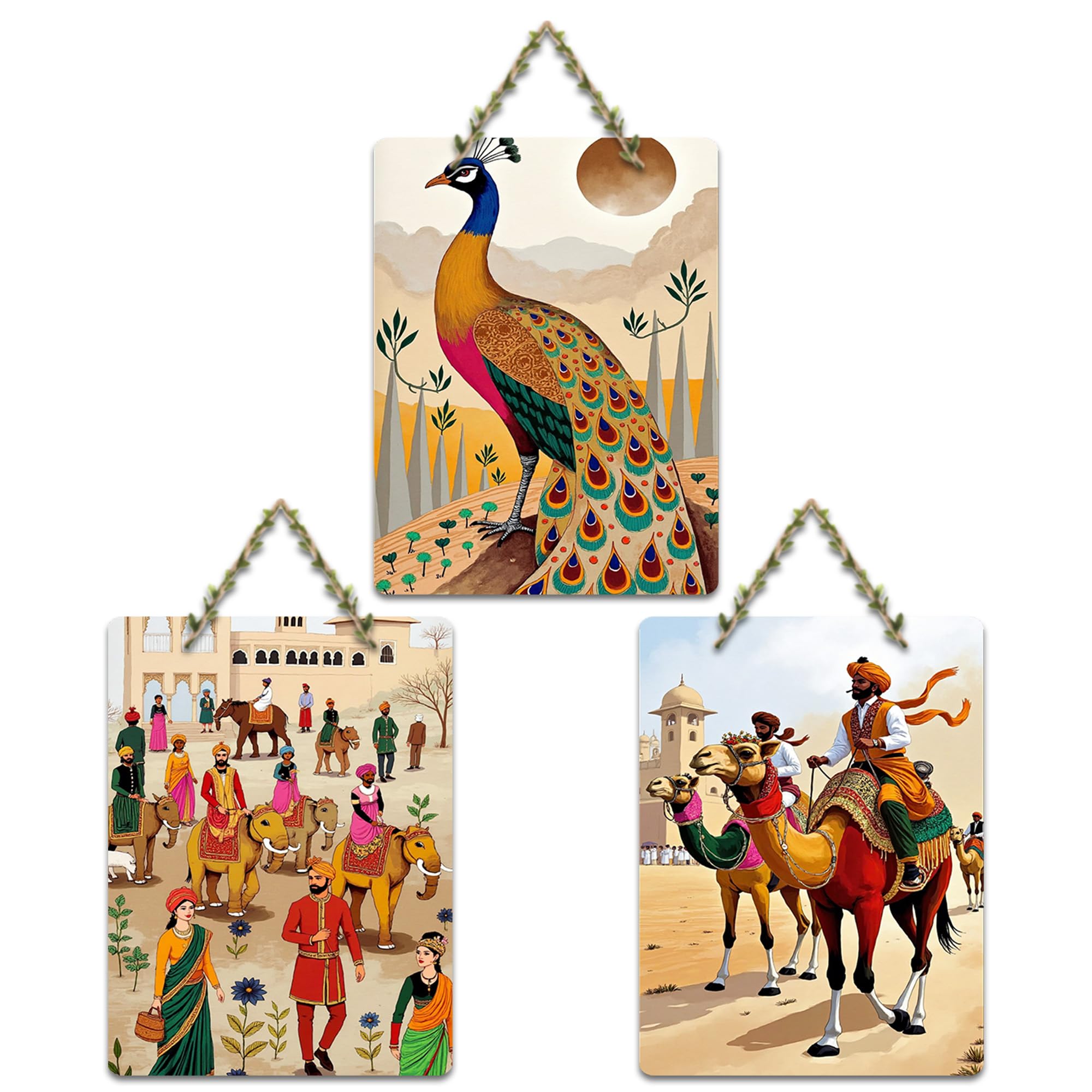 Artvibes Royal Rajasthan Artwork Wooden Art Decoration Item for Living Room | Room Wall Art | Wood Decorative Items | Modern Decoration | Aesthetic Wooden Decor | Ideal Gifts (WH_96121N), Set of 3