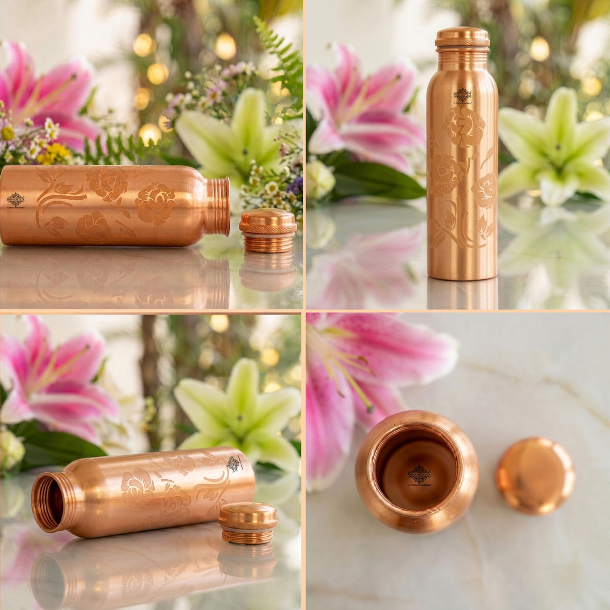 INDIAN ART VILLA Pure Copper Water Bottle With Colour Changing Magical Floral Rose Design, Drinkware & Storage Purpose, Ayurvedic Health Benefits, Volume-900 ml