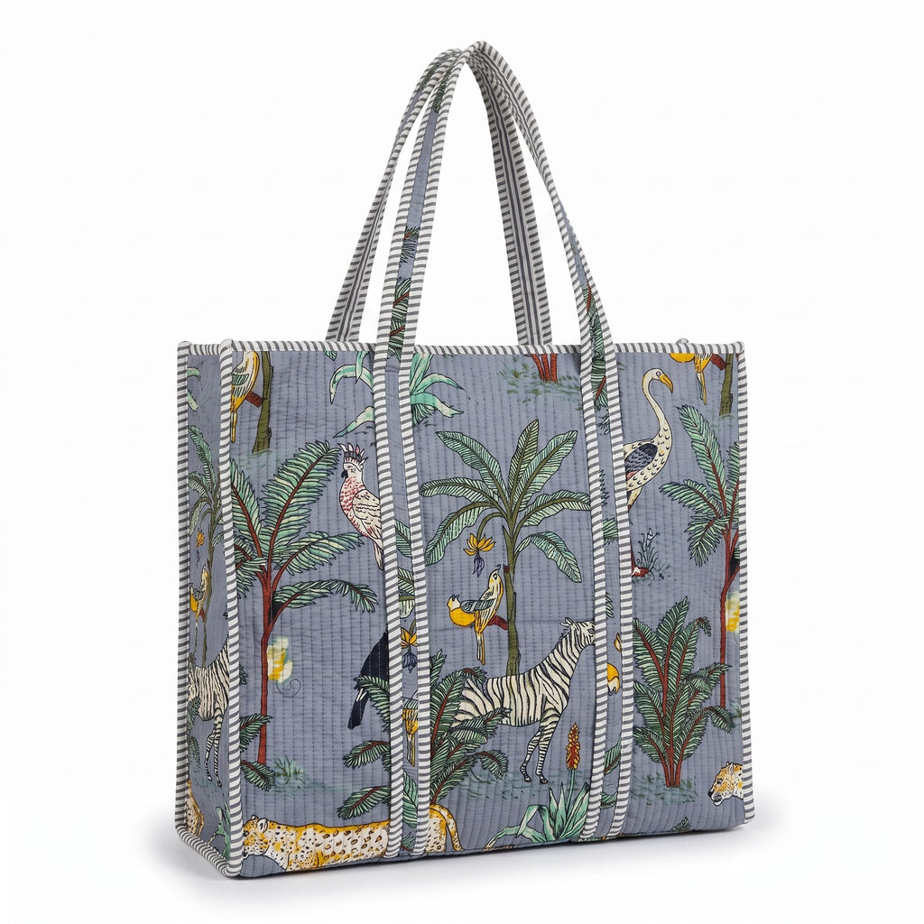 SAAJOY Cotton Quilted Tote Bag with Zipper large size Reusable Grocery Bag Travel Shopping (GREY)