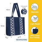 SKAPADORO Canvas Big Zip Handbag Tote,100% Cotton, Inner pocket, Unisex Embroidered Comfortable Bag for Travel Office Beach Shopping, Easy to Wash Trendy Everyday Shoulder Bag (Triangle Tales)