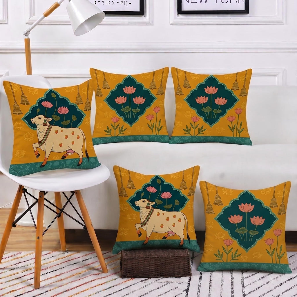 STITCHNEST Satin Ethnic Cushion Covers Cow & Lotus Art, 16x16 Inches, Pack of 5 for Living Room & Festive Decor
