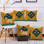 STITCHNEST Satin Ethnic Cushion Covers Cow & Lotus Art, 16x16 Inches, Pack of 5 for Living Room & Festive Decor