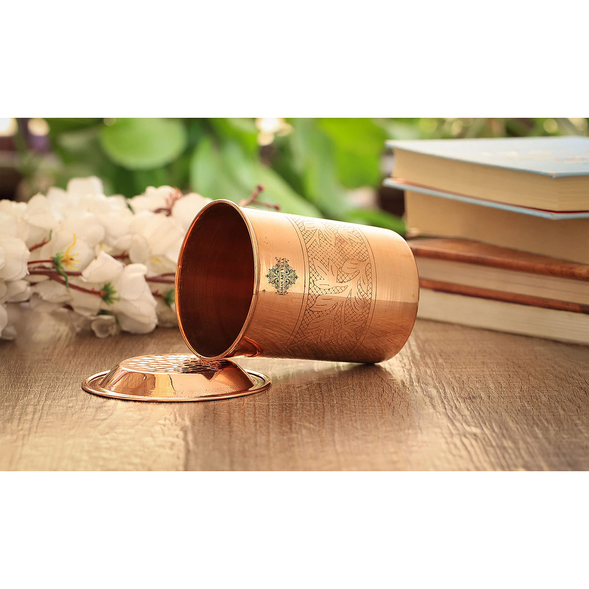 INDIAN ART VILLA Pure Copper Half Embossed Design Glass Tumbler Cup with Lid, Drinking Serving Water, Yoga Ayurveda, Volume-300 ML, Set of 6