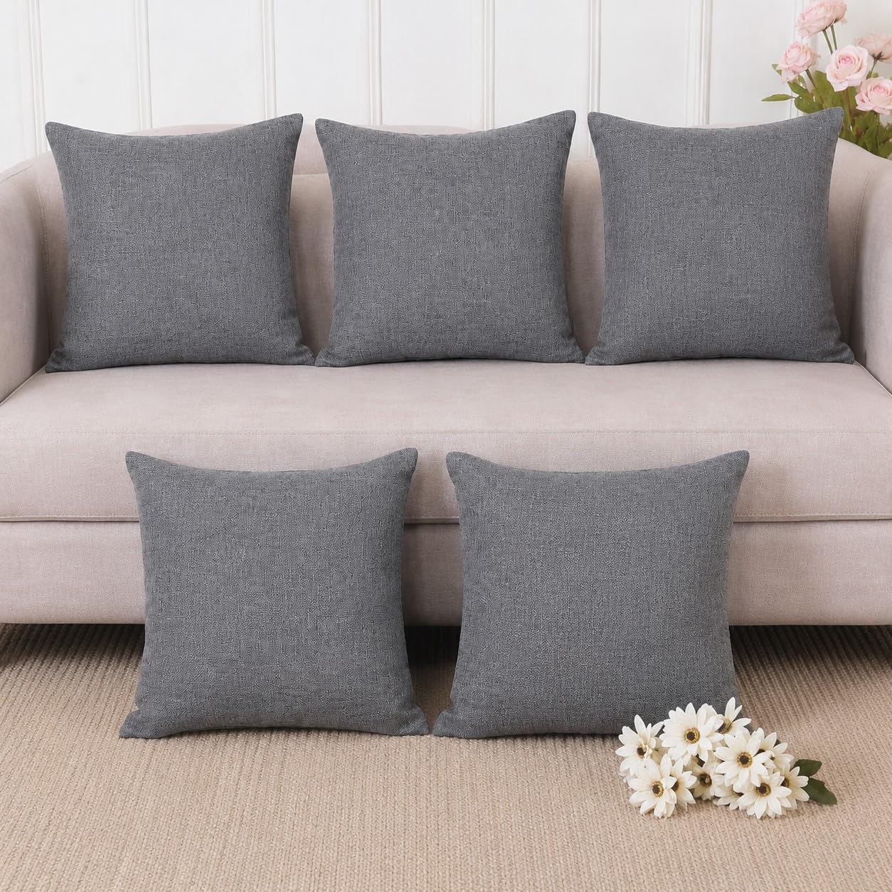 Khooti Jute Cushion Cover | 28x28 | Light Grey | Set of 5 | Throw Pillow Cover for Couches, Chairs, Sofas, Beds, Coffee Tables, Living Rooms, Bedrooms, Modern Boho Design