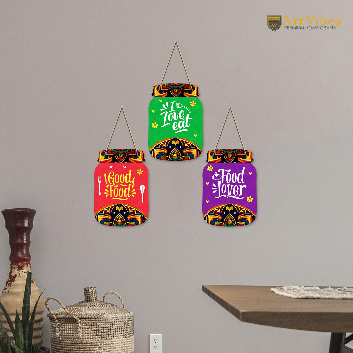 Artvibes Food Lover Quote Kitchen Printed Wooden Wall Hanging for Kitchen | Cafe | Restaurant | Dining Room | Quotes Decor Item | Wall Poster | Food Quotes Decoration | Gift Items(WH_8912N), Set of 3