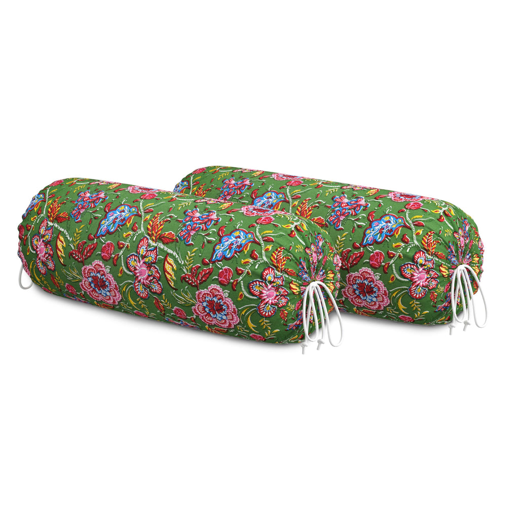 BLOCKS OF INDIA Cotton Hand Block Printed Bolster Cover | Booster Cover with Drawstring | Round Long Pillow Cover for Bed | Dewan Pillow Cover Set 16 X 32 | Set of 2 (Green JAAL)