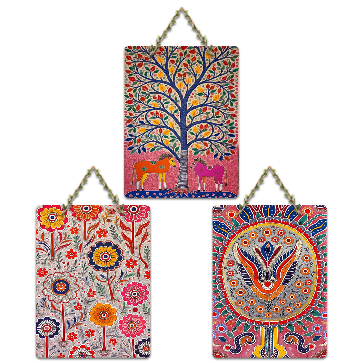 Artvibes Colorful Nature Wall Decor Wooden Wall Hanger for Home Decor | Living Room | Office | Cafe | Painting Wall Decor | Wall Poster | Artworks Hangings | Unique Gift (WH_96130N), Set of 3