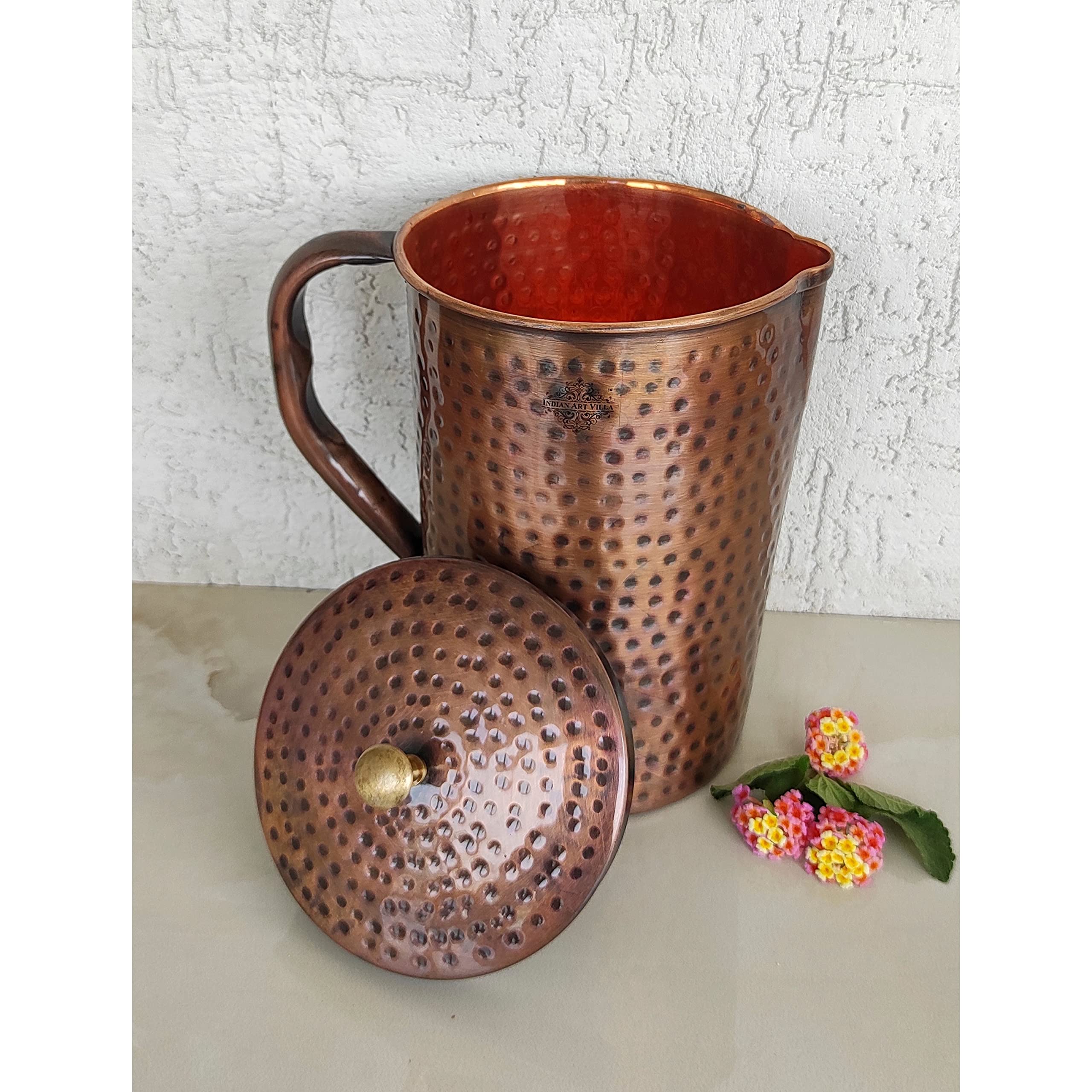 Indian Art Villa Hammered Design Antique Dark Tone Copper Jug Pitcher, Storage & Serving Water, Yoga Ayurveda Healing, 1000 ML