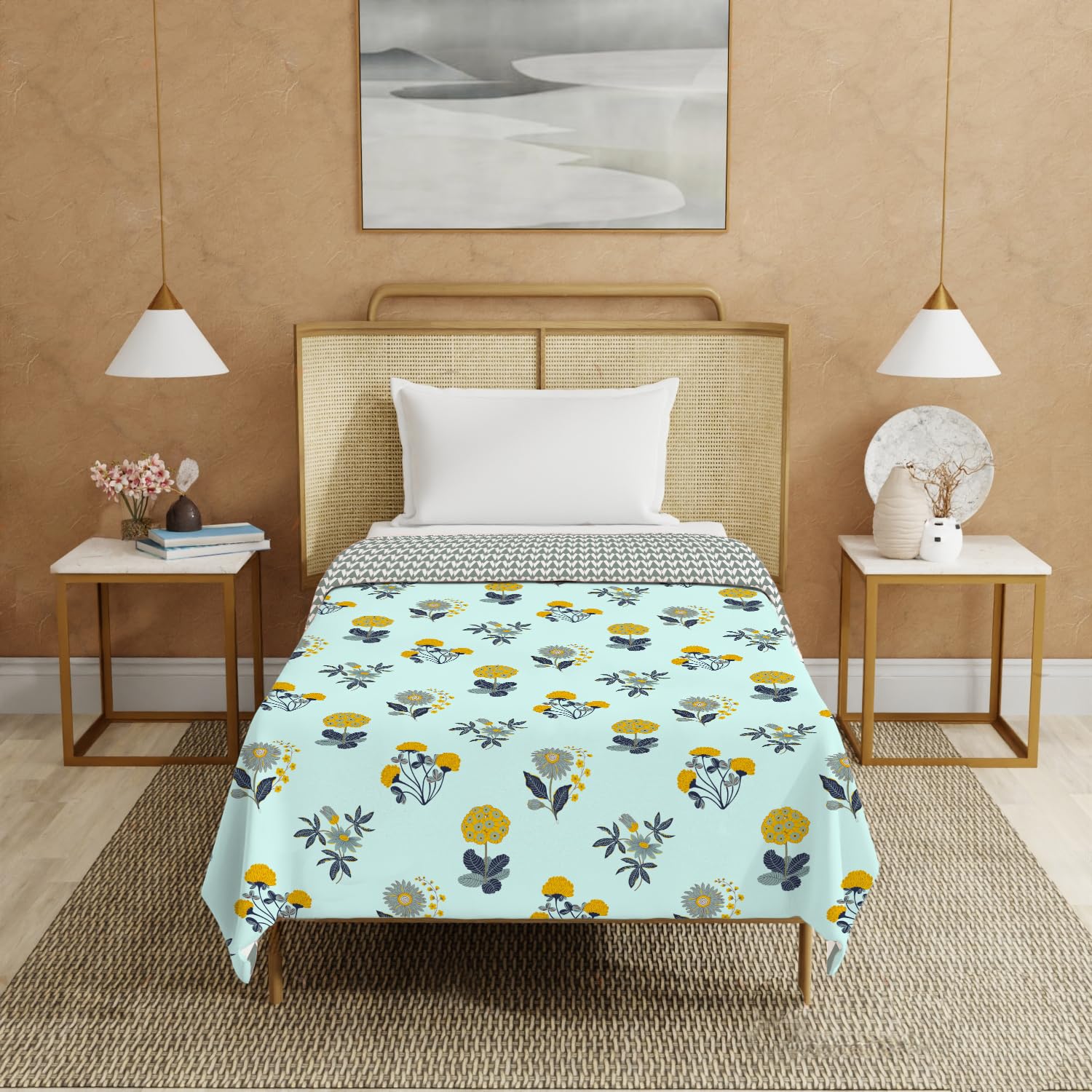 Urban Space 100% Cotton Malmal Single Bed Dohar, All Season Reversible Blanket, Soft, Lightweight and Breathable Ac Dohar/Quilt/Blanket/for Bed, Sofa AC Blanket (58 x 95 inch, Radiance Sky Blue) Kafalo