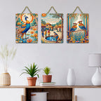 Artvibes Village Life Peacock & Birds Wooden Art Decoration Item for Living Room | Modern Decoration Items| Stylish Modern Decor Item | Trendy Decor | Wall Art Print | Ideal Gift (WH_9688N), Set of 3