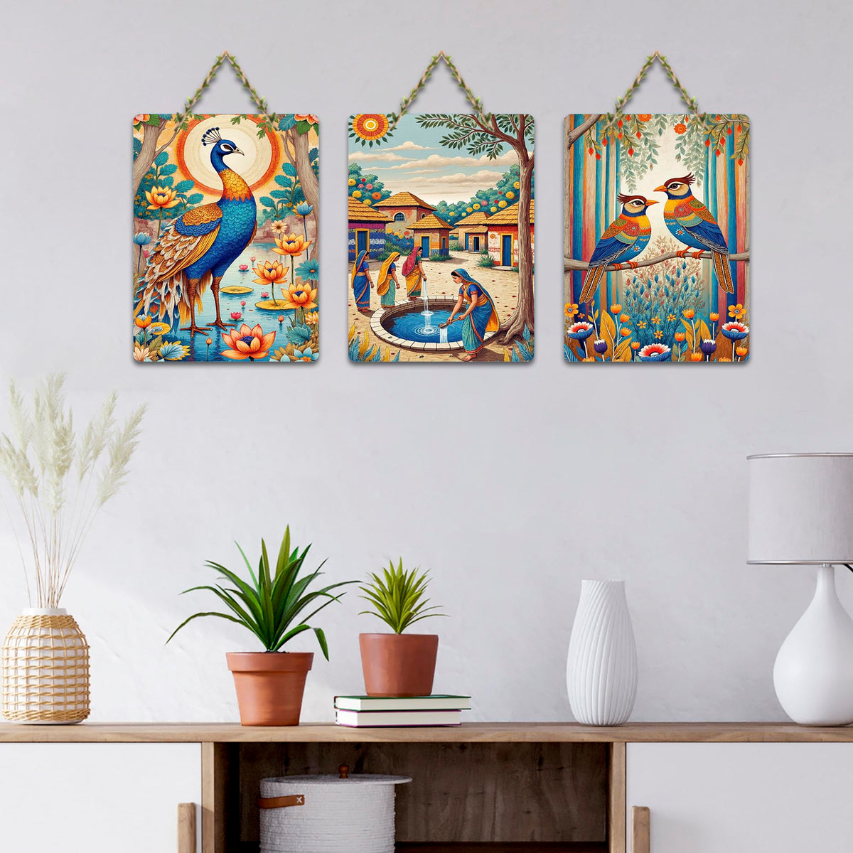 Artvibes Village Life Peacock & Birds Wooden Art Decoration Item for Living Room | Modern Decoration Items| Stylish Modern Decor Item | Trendy Decor | Wall Art Print | Ideal Gift (WH_9688N), Set of 3