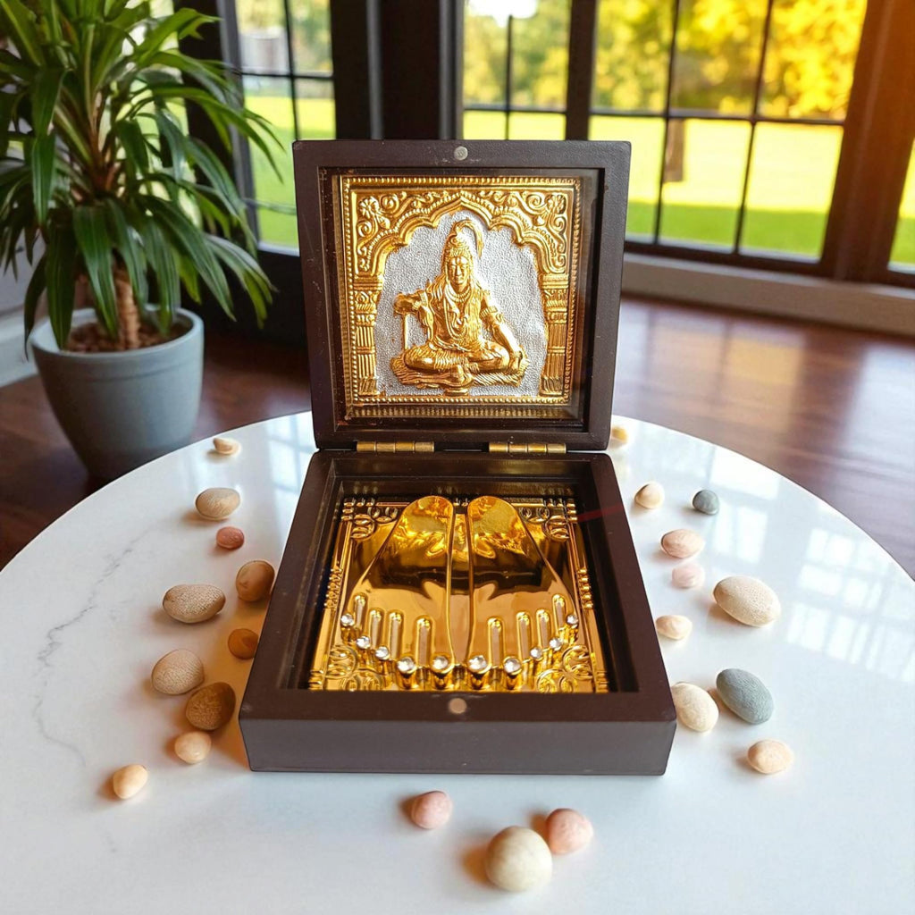 DK trades® Gold Plated Lord Shivji Pooja Box - Premium Gold Shivji for Pooja Box| Pocket Temple Shivji with Charan Paduka| Unique Home, Office