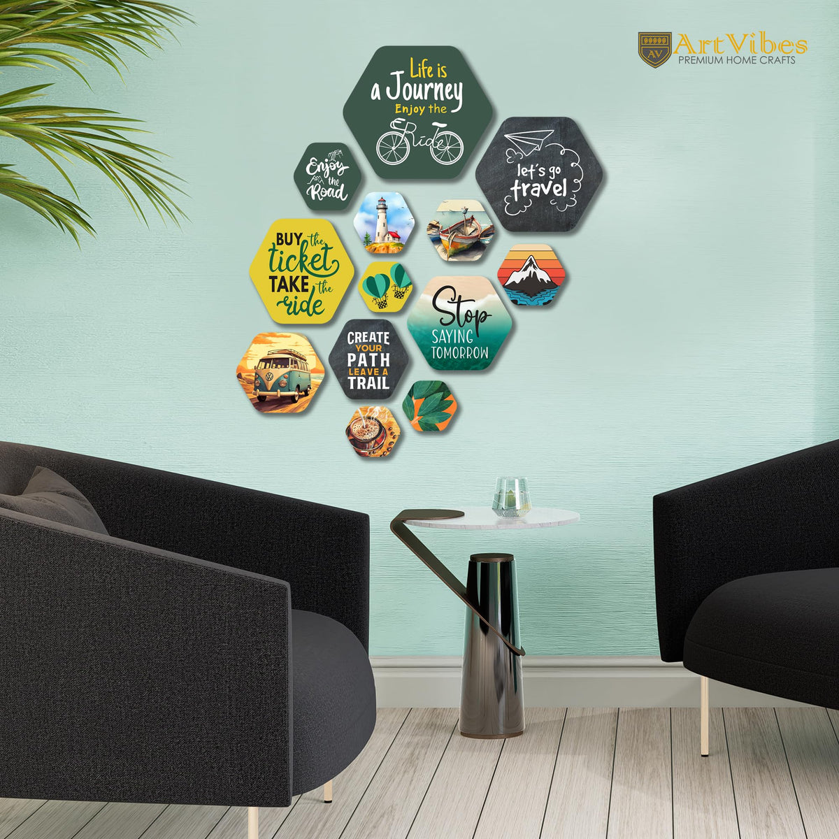 Artvibes Life is a Journey Travel Quote Hexagon Shape MDF Wooden Wall Decor Items | Quotes Decor Item | Traveller Quotes Wall Art | Wall Illustrations | Home Décor | Unique Gift (WPS_228N), Set of 13