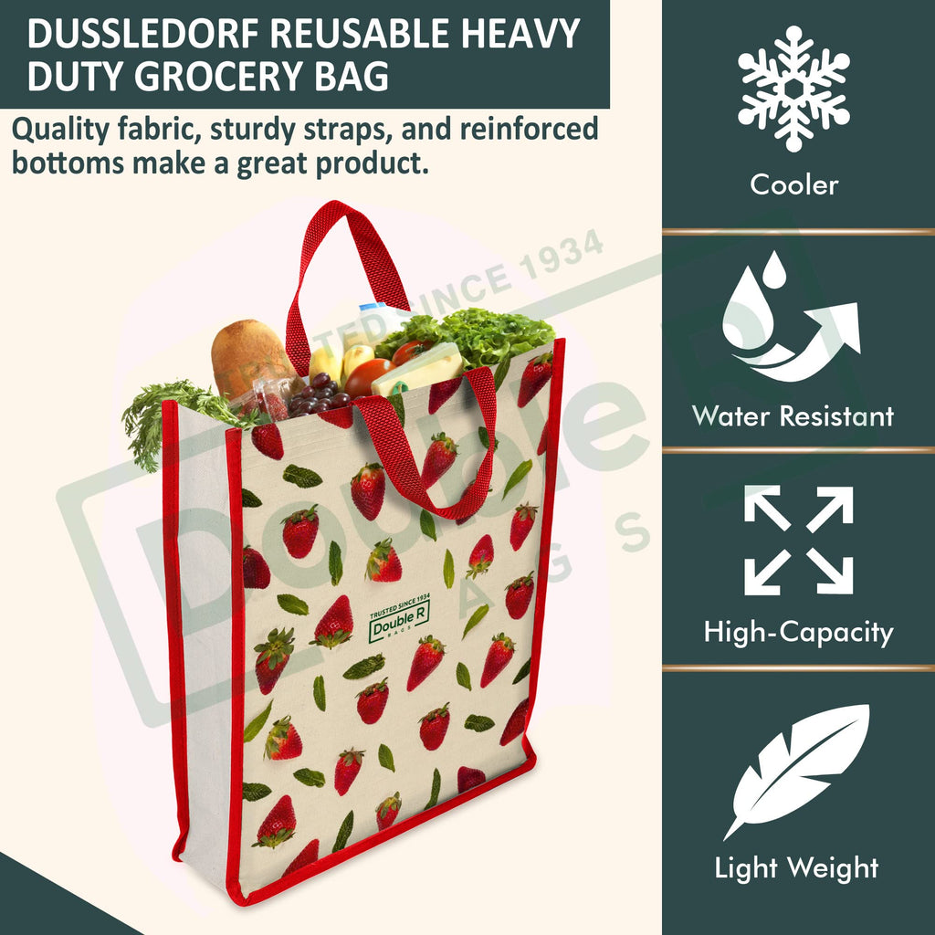 DOUBLE R BAGS Unisex Big Eco Cotton Canvas Shopping Bag for Grocery, Milk, Fruits & Vegetables | Reusable Tote with Reinforced Handles | Strawberry Print, 34x9.5x39.5 cm, 1 Compartment (Pack of 2)
