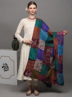 Exotic India Women's Multi-Color Patchwork Reversible from Kolkata with Kantha Stitch Embroidery All-Over Pure Silk Shawl