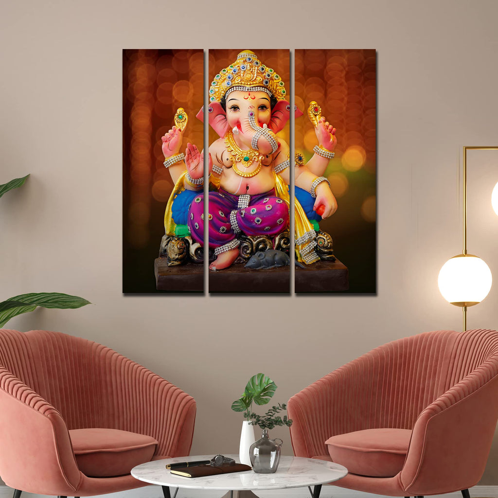VIBECRAFTS 3 Pieces Shree Ganesha Canvas Wall Painting Fitted With Wooden Frame For Home | Office | Living Room | Gifts (PTVC3Pcs1_9568)