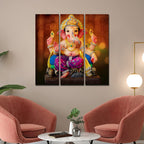 VIBECRAFTS 3 Pieces Shree Ganesha Canvas Wall Painting Fitted With Wooden Frame For Home | Office | Living Room | Gifts (PTVC3Pcs1_9568)