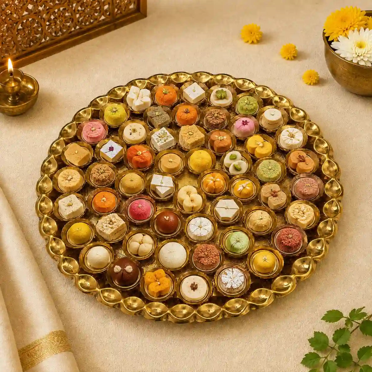 Brass Chappan Bhog Thali With 56 Prasad Bowls Set (23 Inch) Vedansh Craft