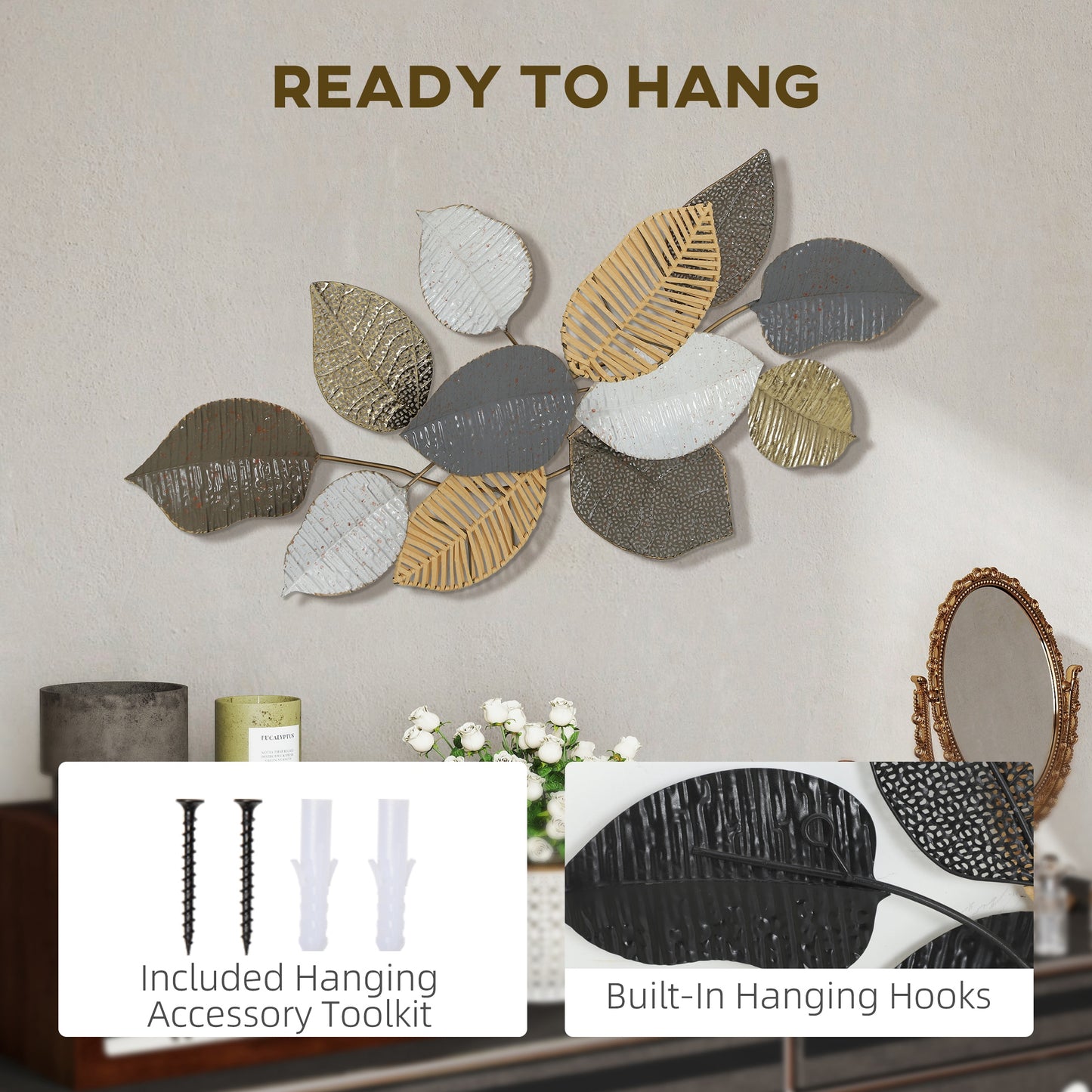 Metal Wall Art, Modern Hanging Wall Decor With Unique Leaf Design For Living Room Bedroom Entryway