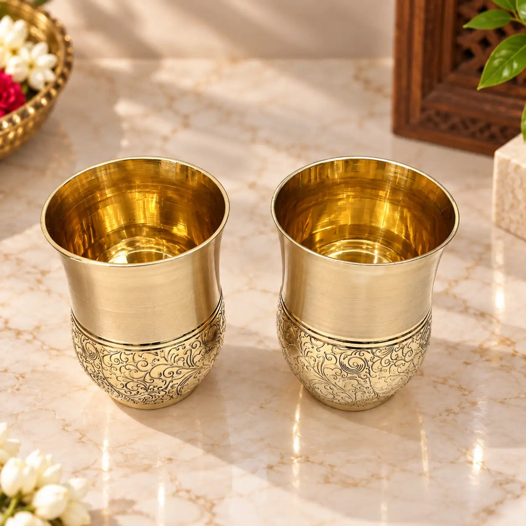 Brass Hafl Floral Design Glass Pair (3.8 Inch) Vedansh Craft