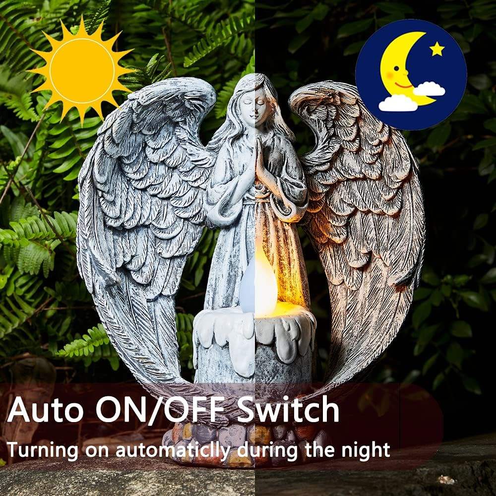 Resin Praying Wings Angel Figurines Solar Garden Statues Outdoor Sculptures For Cemetery Decorations