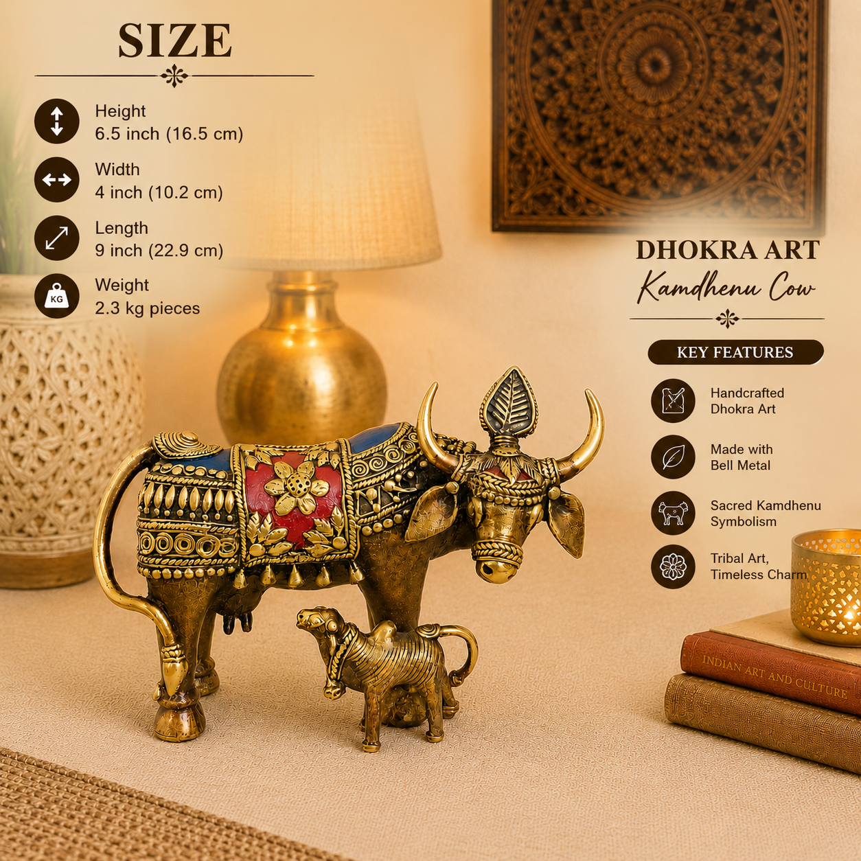 Brass Dhokra Kamdhenu Cow with Calf Statue (6.5 Inch) Vedansh Craft