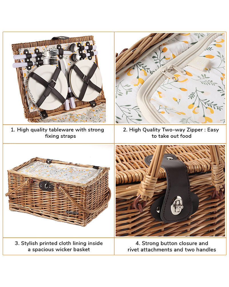 Handcrafted Wicker Picnic Basket for Travel, Family Meals & Food Carry