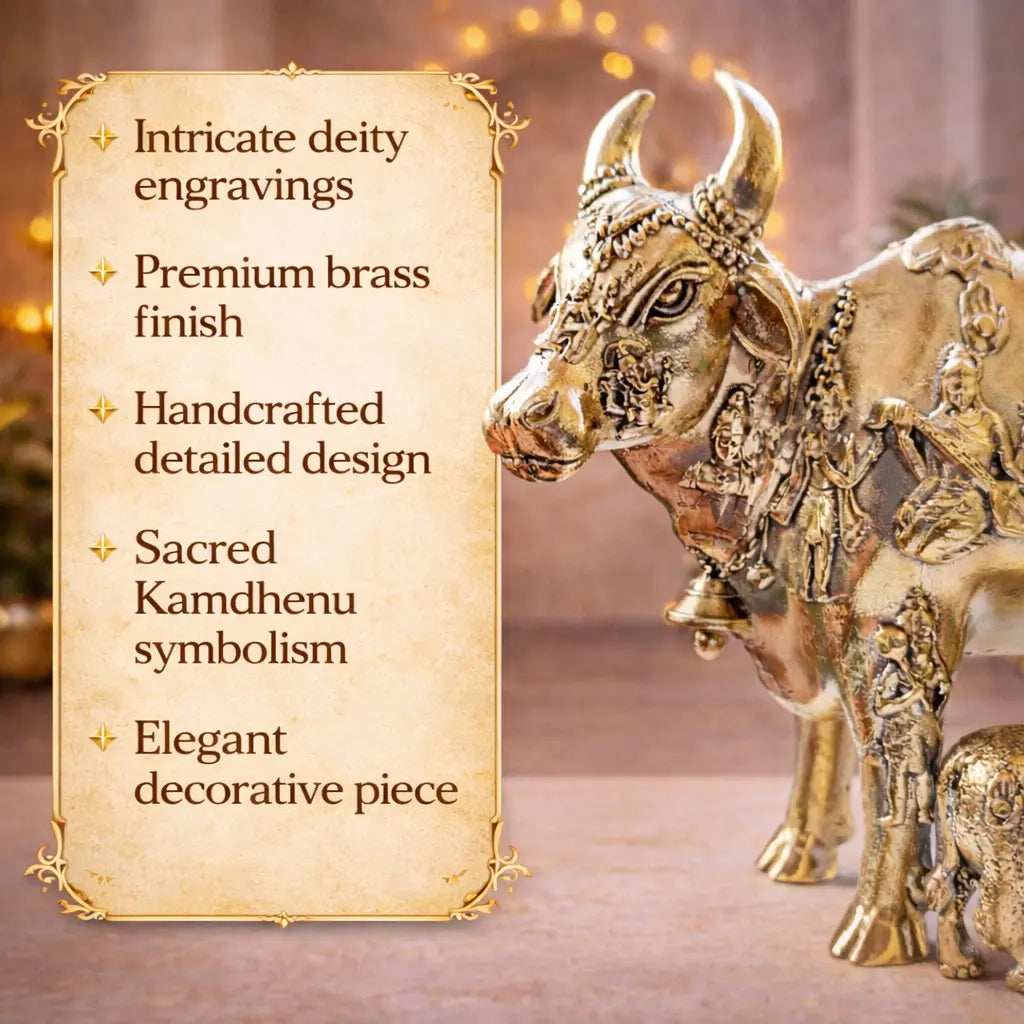 Brass Lightweight Kamdhenu Cow With Calf Idol (4 Inch) Vedansh Craft