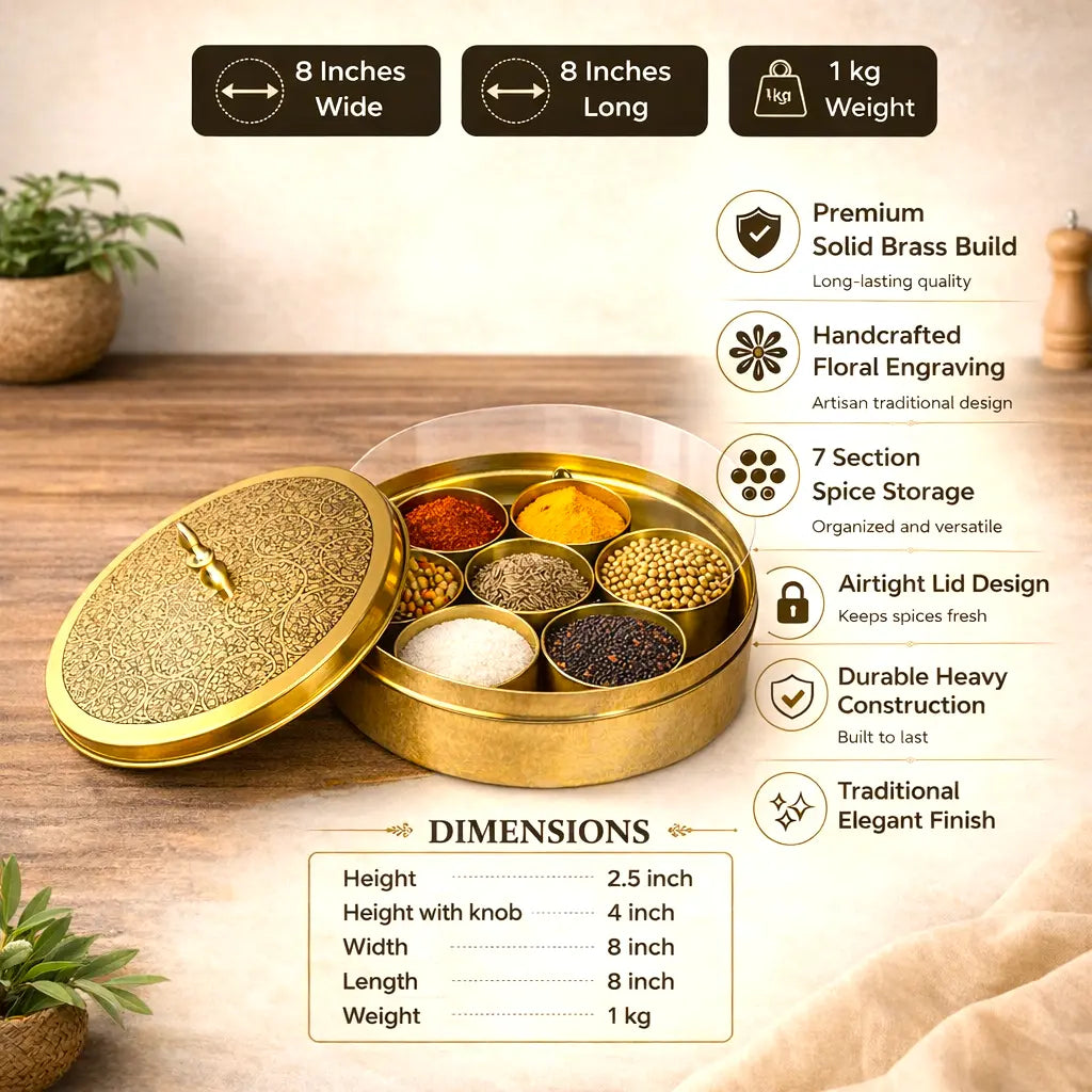 Brass Etched Floral Masala Daani / Spice Box (2.5 Inch) Vedansh Craft