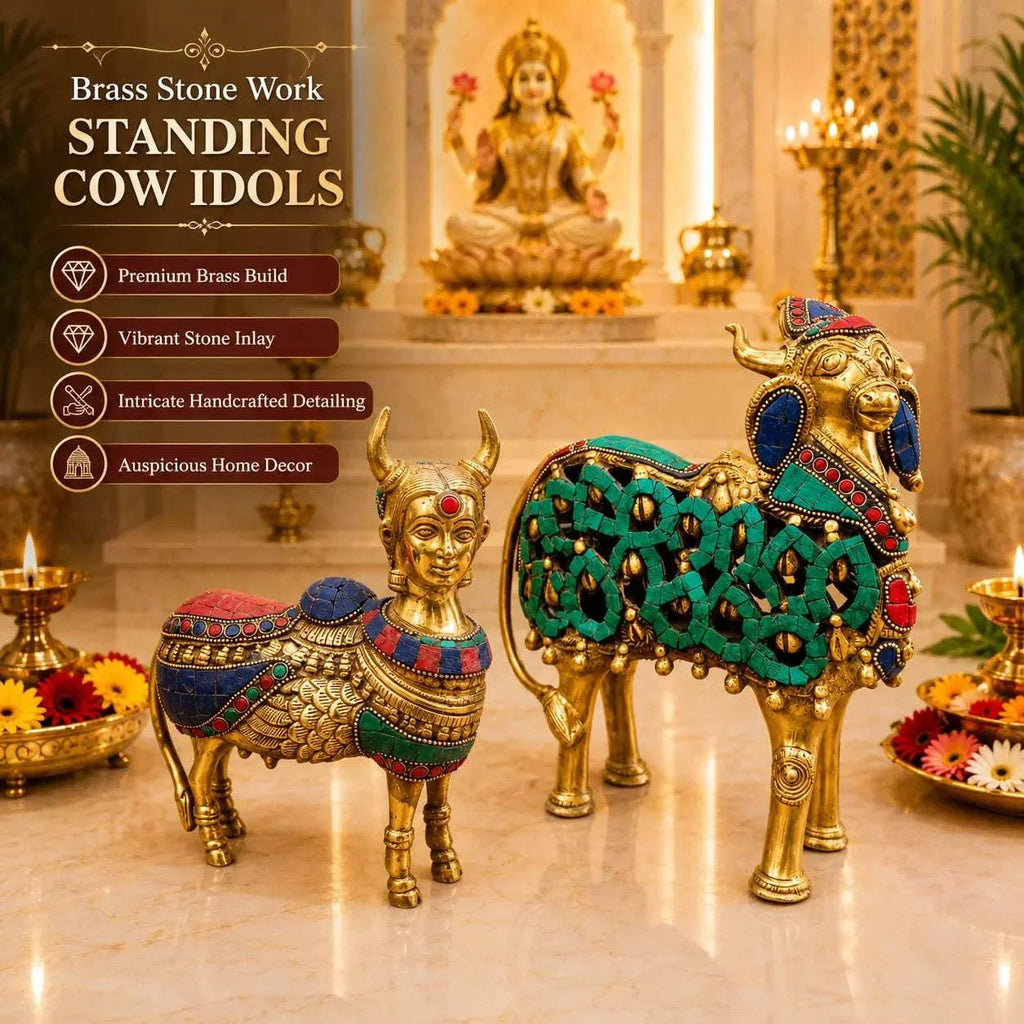 Brass Stone Work Standing Cow Idol Vedansh Craft