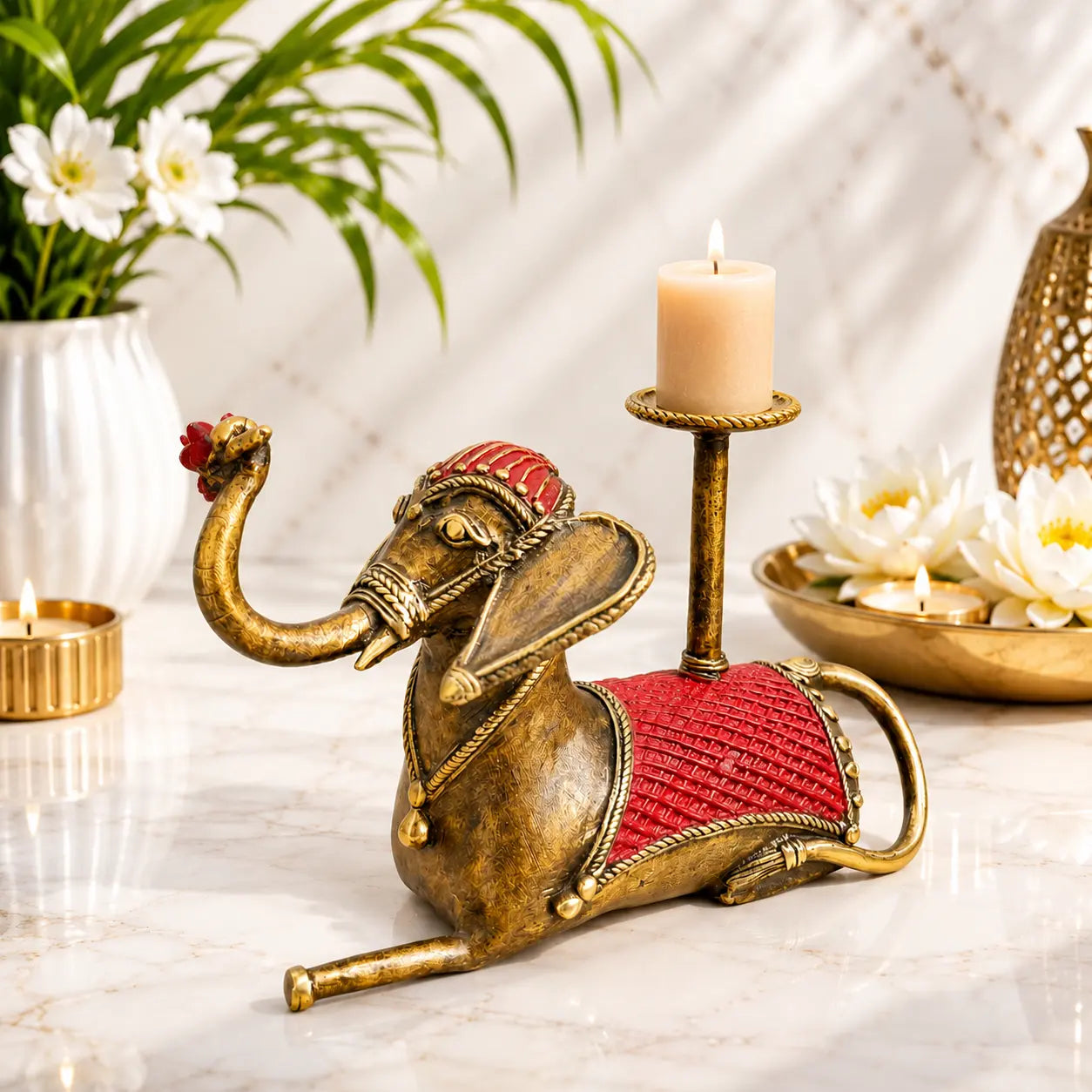 Brass Dhokra Sitting Elephant Statue With Candle Holder (5 Inch) Vedansh Craft