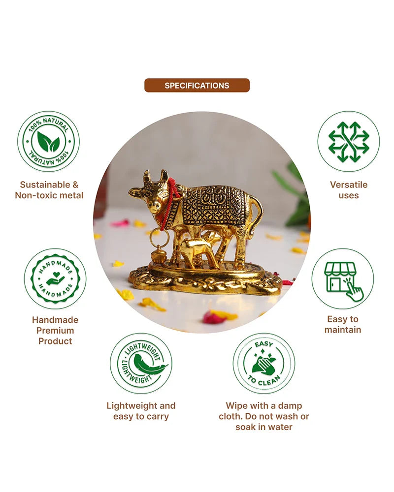 Kamdhenu Cow with Calf Statue, Decorative Cow Figurine and Gift Item